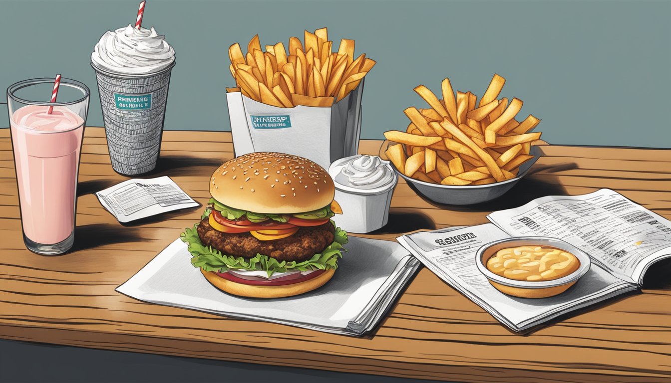 A spread of Rally's/Checkers menu items, including burgers, fries, and milkshakes, displayed on a table with nutritional information