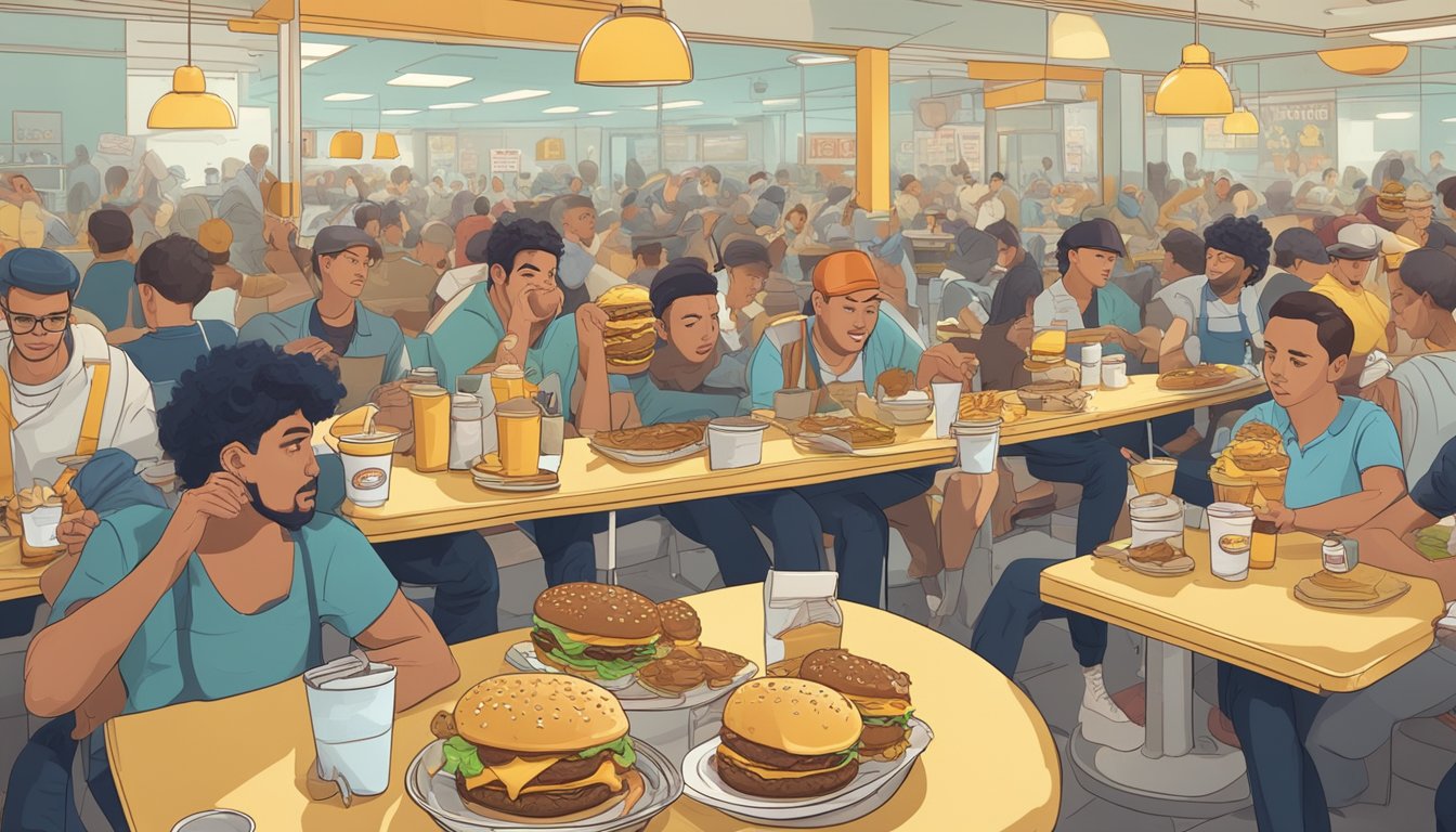 A crowded fast-food restaurant with greasy burgers and sugary custard, surrounded by litter and unhappy customers