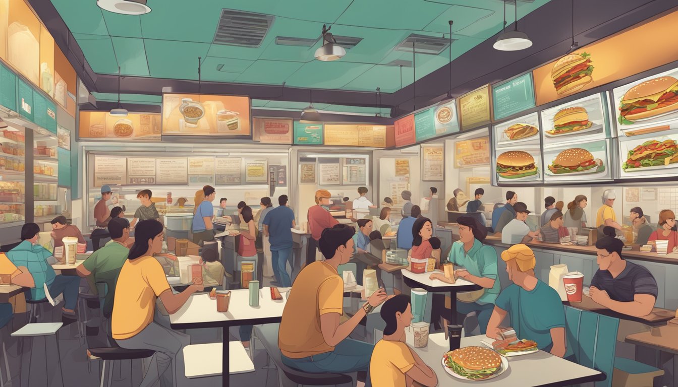 A crowded fast-food restaurant with a menu board displaying high-calorie items, people eating greasy food, and a lack of healthy options