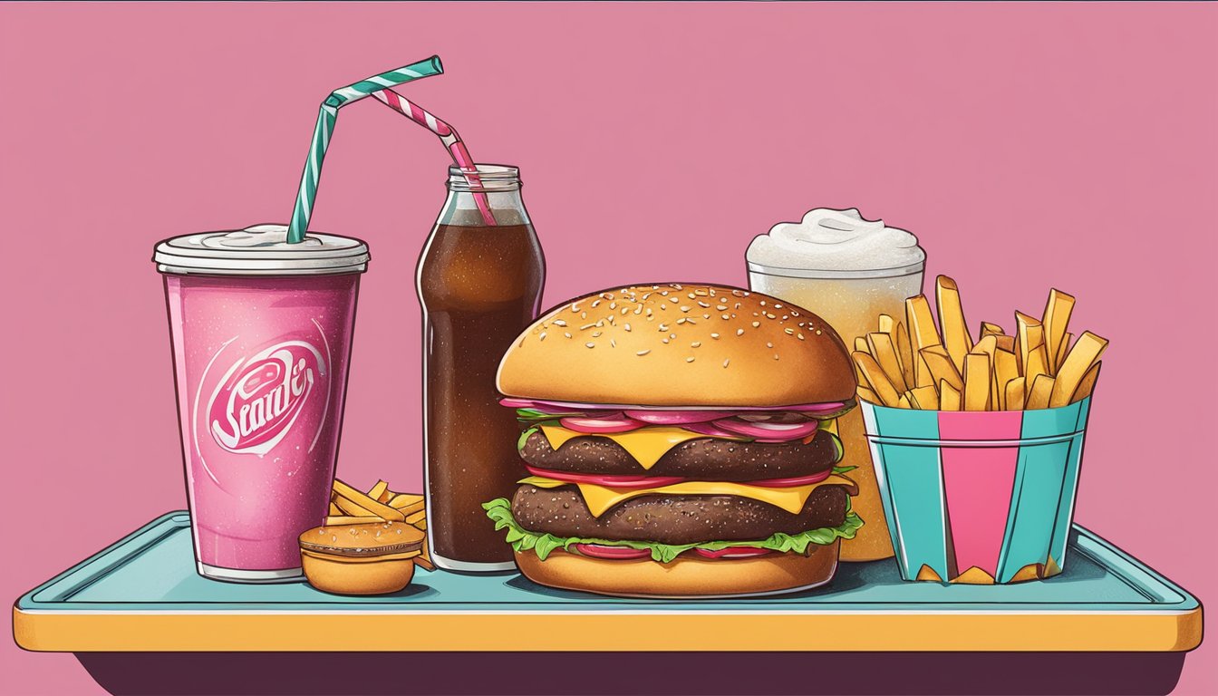 A greasy, oversized burger and fries sitting on a tray next to a large sugary soda