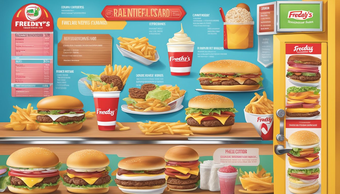 A colorful menu board with images of custard, burgers, and healthier options displayed at Freddy's Frozen Custard & Steakburgers