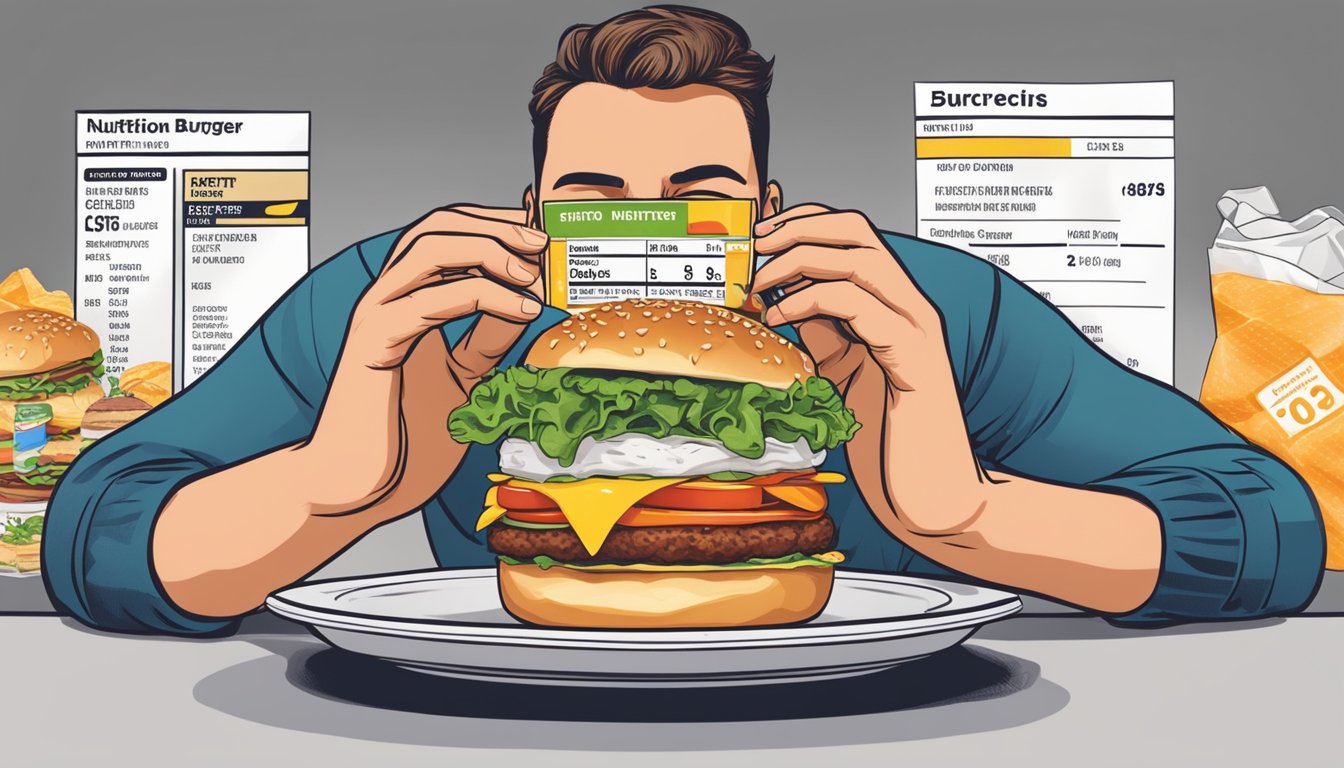 A person eating a greasy Rally's/Checkers burger while looking at a nutrition label with high fat and calorie content