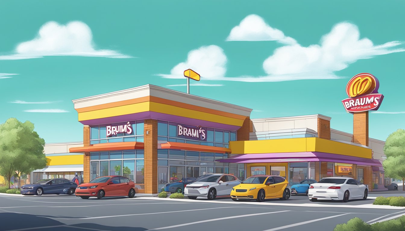 A wide shot of a Braum's fast food restaurant, with a colorful exterior and drive-thru, surrounded by cars and people