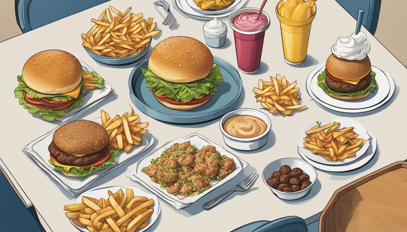 A table with a spread of Braum's menu items, including burgers, fries, and ice cream. Nutritional information is displayed next to each item