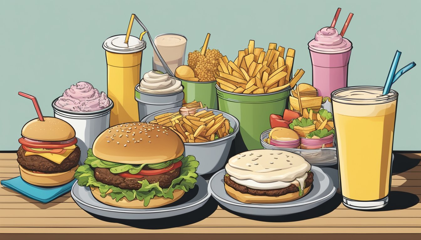 A table with a variety of Braum's food items, including burgers, fries, ice cream, and milkshakes. Nutritional information labels show high levels of calories, fat, and sugar