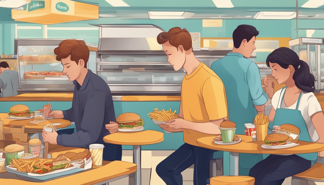 The scene shows a fast-food restaurant with greasy food and unhealthy menu items displayed. Customers are seen consuming large portions of high-calorie meals