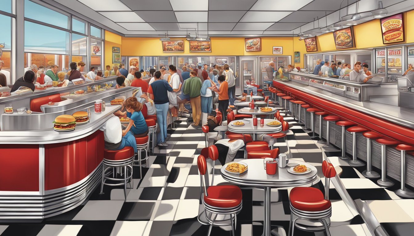 A crowded Johnny Rockets diner with greasy burgers and fries on every table