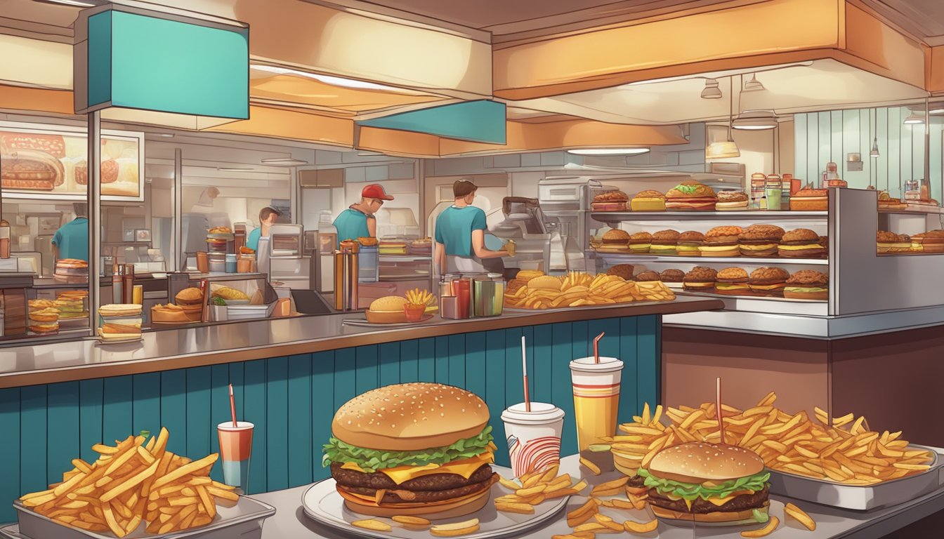 A crowded fast food restaurant with greasy burgers and fries on display, surrounded by sugary drinks and desserts