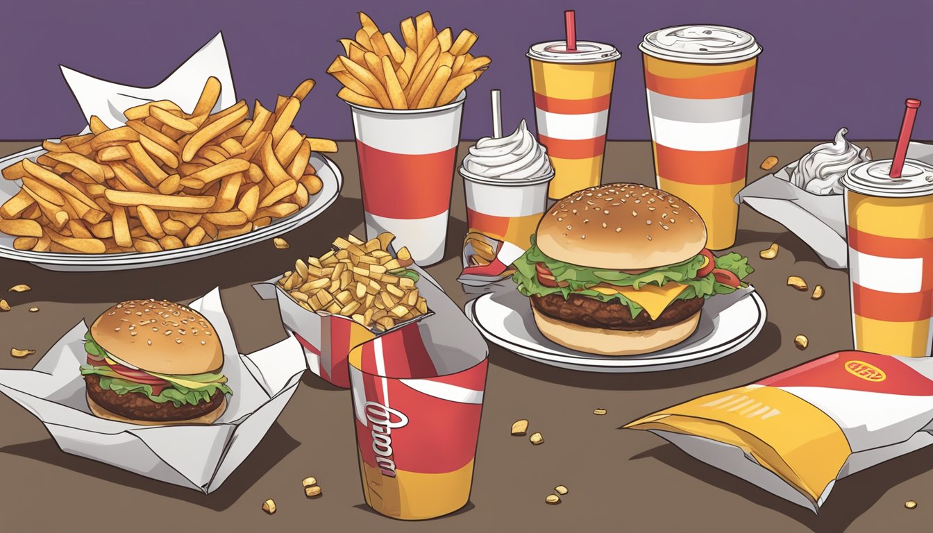 A table filled with unhealthy fast food items from Braum's, including burgers, fries, and milkshakes, surrounded by empty soda cups and greasy wrappers