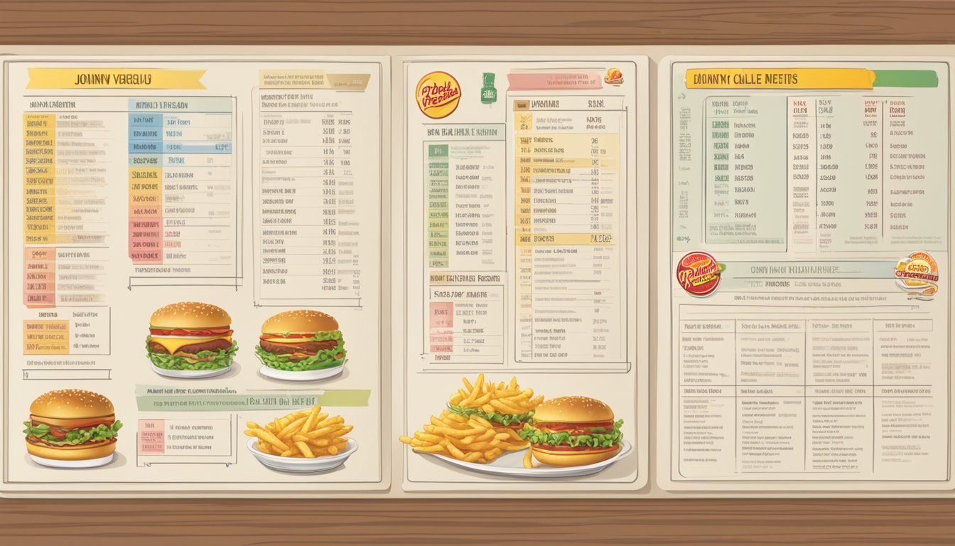 A table with a Johnny Rockets menu, showing high calorie, fat, and sodium content