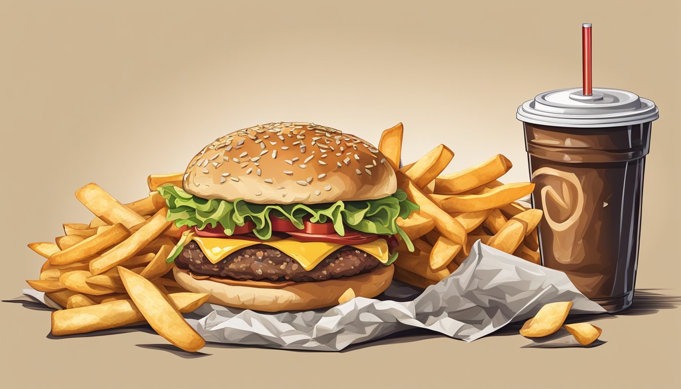 A table covered with fast food wrappers and soda cups, with a greasy burger and fries in a crumpled paper bag