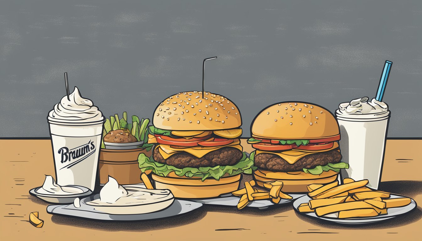 A table with greasy burgers, fries, and milkshakes from Braum's. Nutritional information charts comparing fat, calories, and sodium content