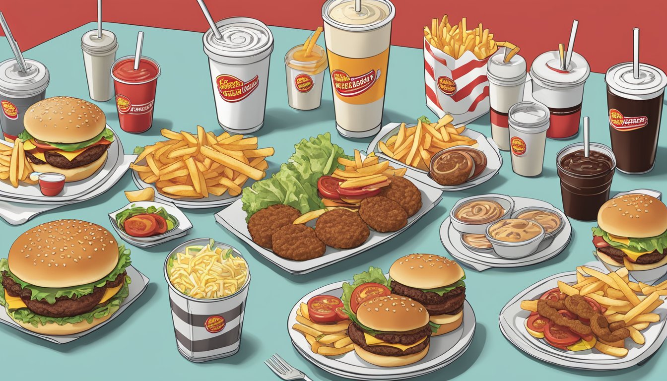 A table with a variety of Johnny Rockets menu items spread out, including burgers, fries, shakes, and salads, with a focus on portion sizes and nutritional information