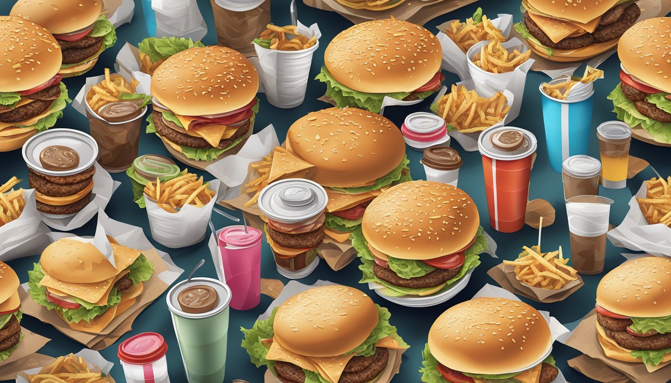 A table piled with greasy burgers and sandwiches, surrounded by empty soda cups and discarded wrappers