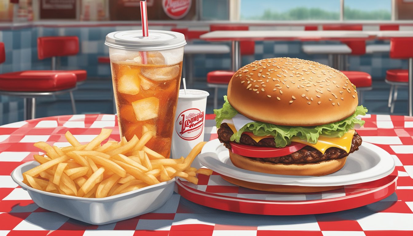 A greasy, oversized burger and a large fountain soda sit on a red and white checkered table at a Johnny Rockets restaurant