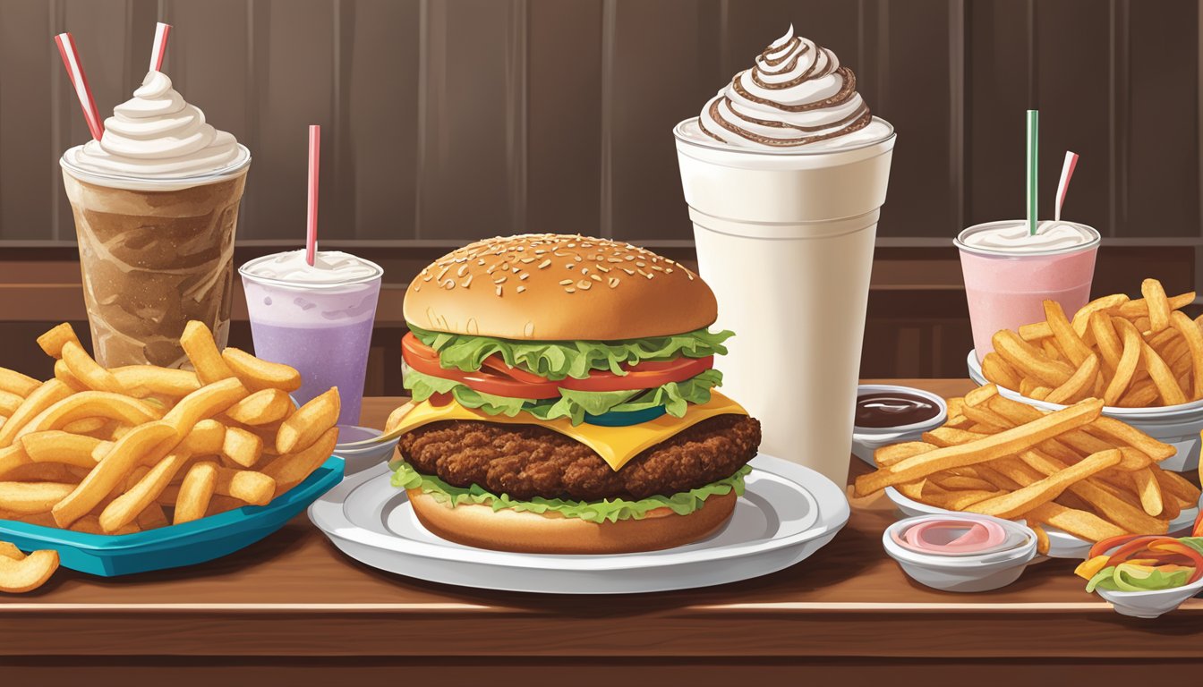 A table set with greasy fries, onion rings, and loaded potato skins next to a towering burger and milkshake at Johnny Rockets