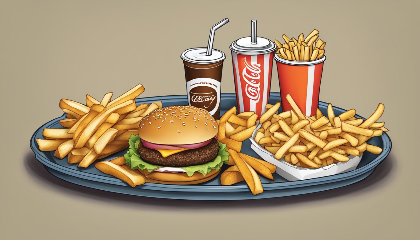 A greasy fast food tray with a Cook Out logo, overflowing with a cheeseburger, fries, and a large soda