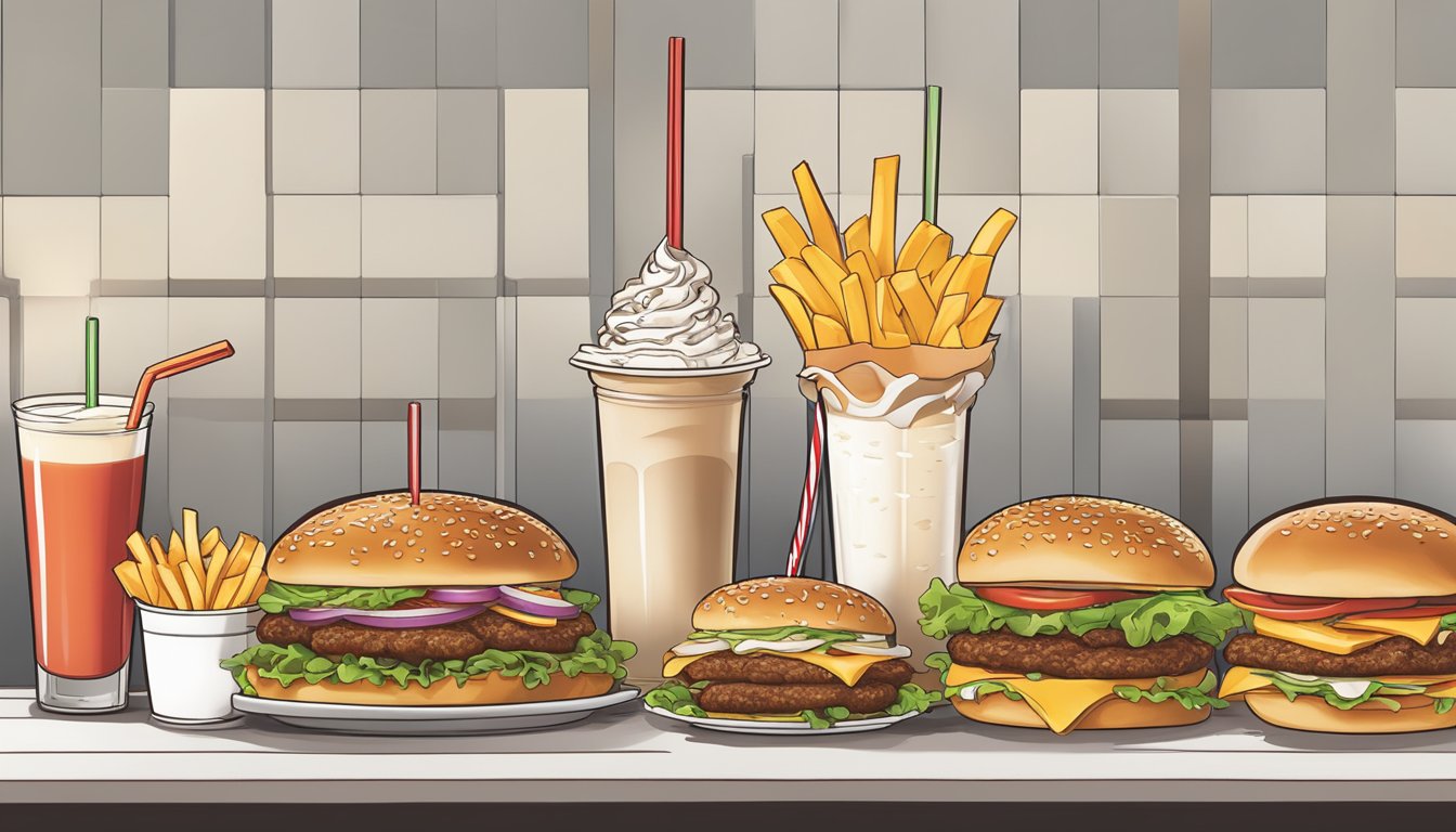 A table filled with greasy burgers, fries, and milkshakes, with high-calorie counts and large portion sizes, showcasing the unhealthy nature of Cook Out's menu