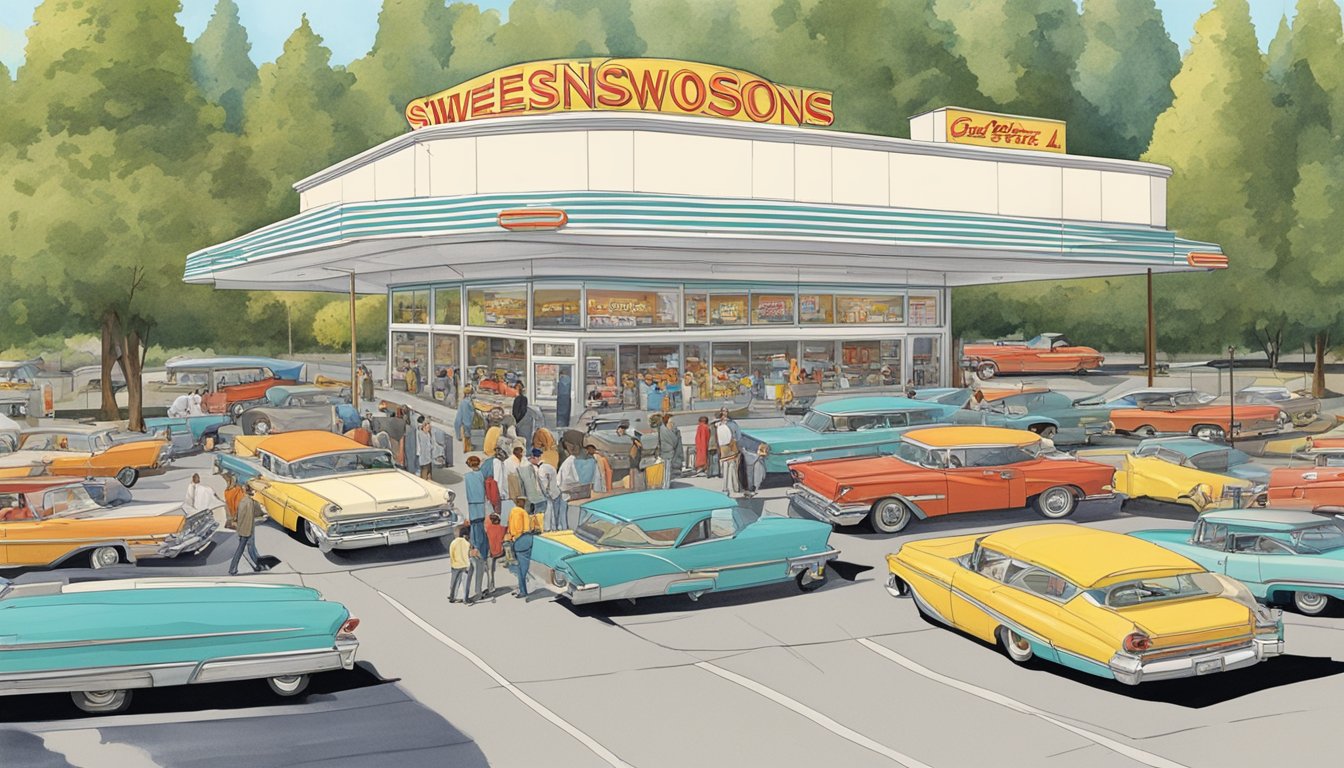 A crowded Swensons Drive-In with long lines of cars and customers waiting for greasy fast food