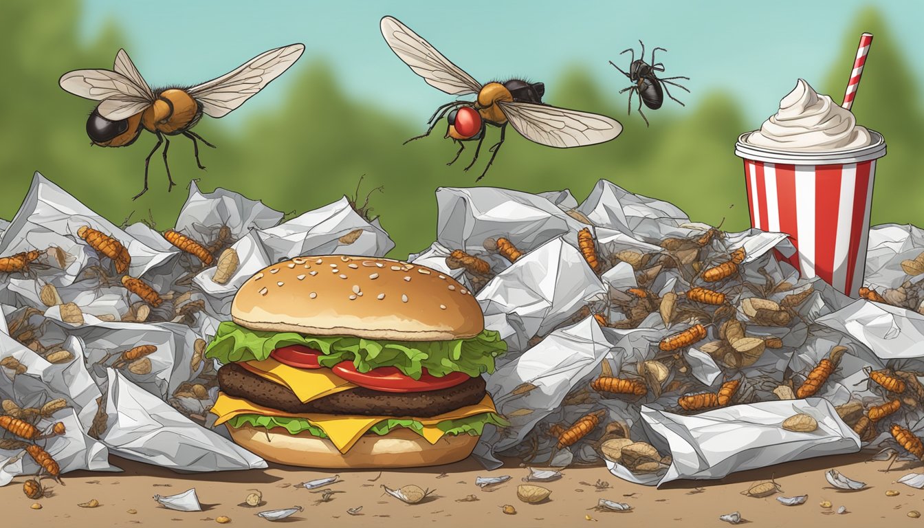 A greasy fast food meal from Cook Out sits next to a pile of discarded wrappers and cups, surrounded by flies and ants