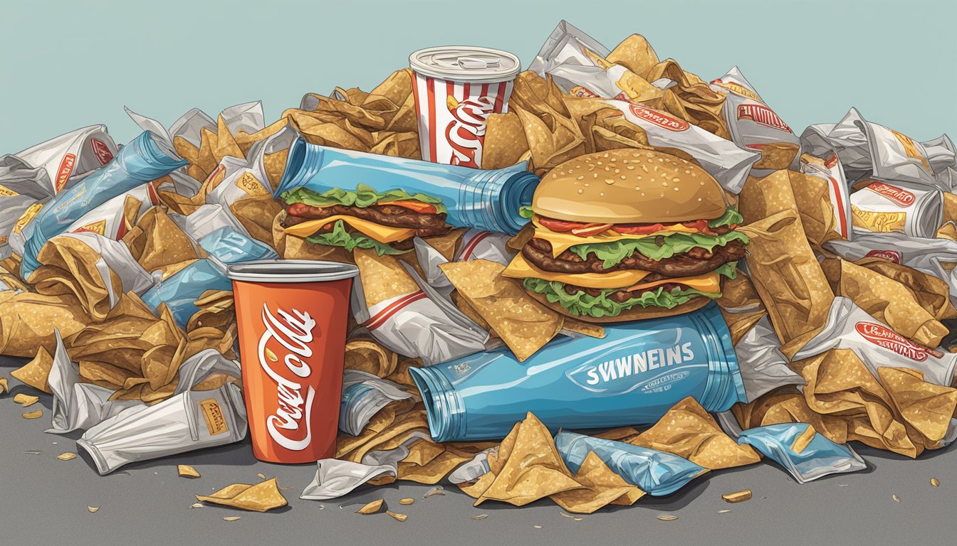 A pile of greasy fast food wrappers overflowing from a trash can outside Swensons Drive-In