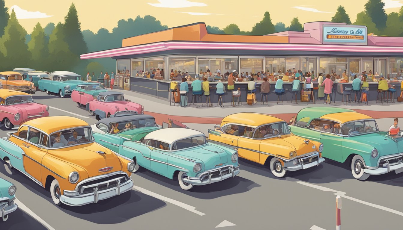 A crowded drive-in with cars lined up, servers delivering trays of greasy burgers and milkshakes to eager customers