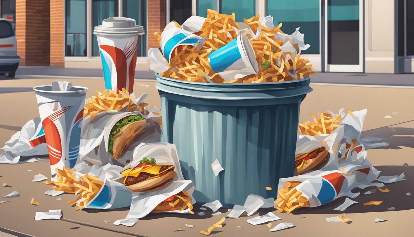 A pile of greasy fast food wrappers and empty soda cups overflow from a trash can outside a Cook Out restaurant, surrounded by discarded napkins and food remnants