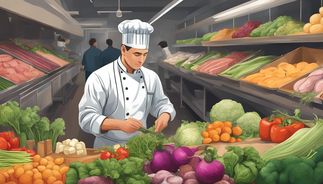 Fresh vegetables being carefully selected from local farms, while a chef inspects the quality of meat and cheese at a bustling market