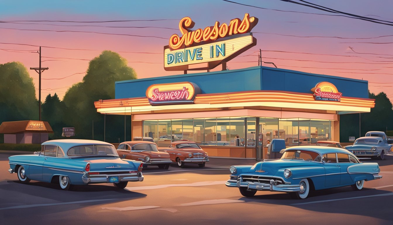 The Swensons Drive-In sign glows in the evening light, surrounded by a bustling parking lot with cars coming and going. The drive-in is accessible with a steady flow of customers