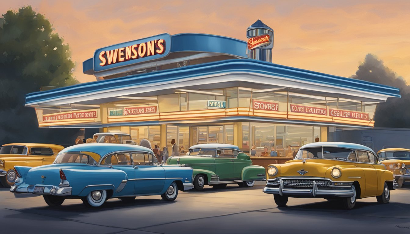 The iconic Swensons Drive-In sign stands tall, surrounded by a bustling parking lot and a line of cars waiting for their famous Galley Boy burgers