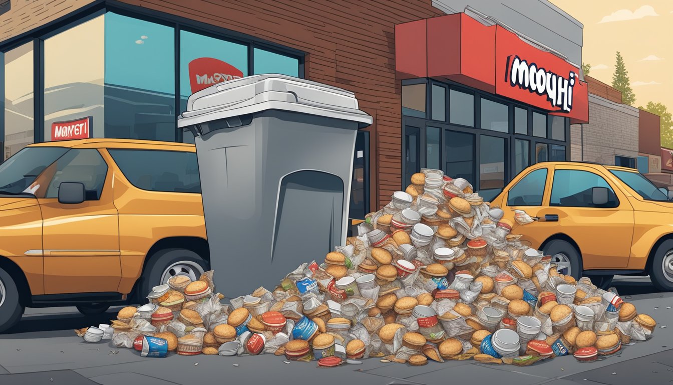 A pile of greasy, oversized burger wrappers and empty soda cups overflowing from a trash can outside a Mooyah restaurant