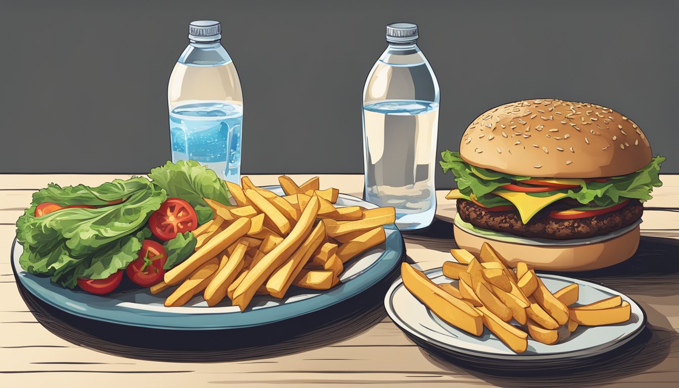 A table with a greasy burger, fries, and a large soda next to a pile of fresh vegetables and a bottle of water