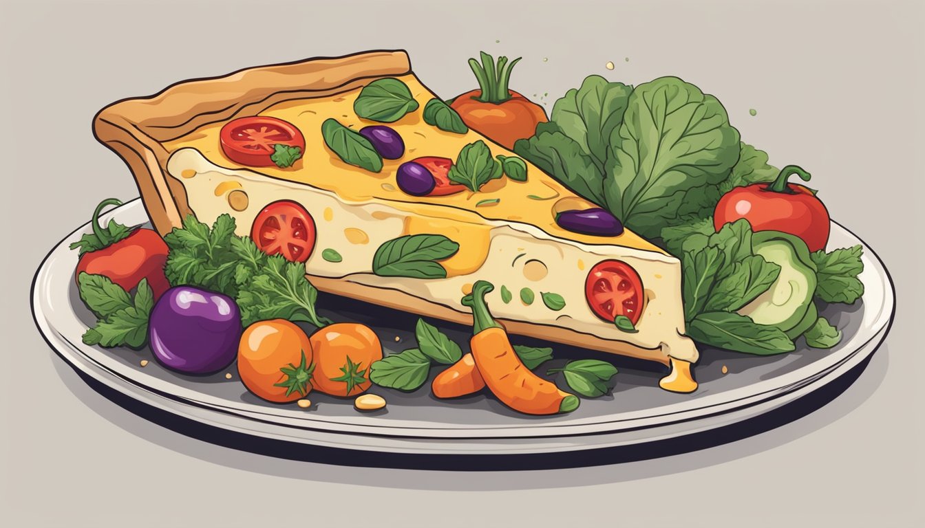 A deep dish veggie pizza sits on a round ceramic plate, surrounded by colorful vegetables and herbs. The cheese oozes out from the thick, golden crust