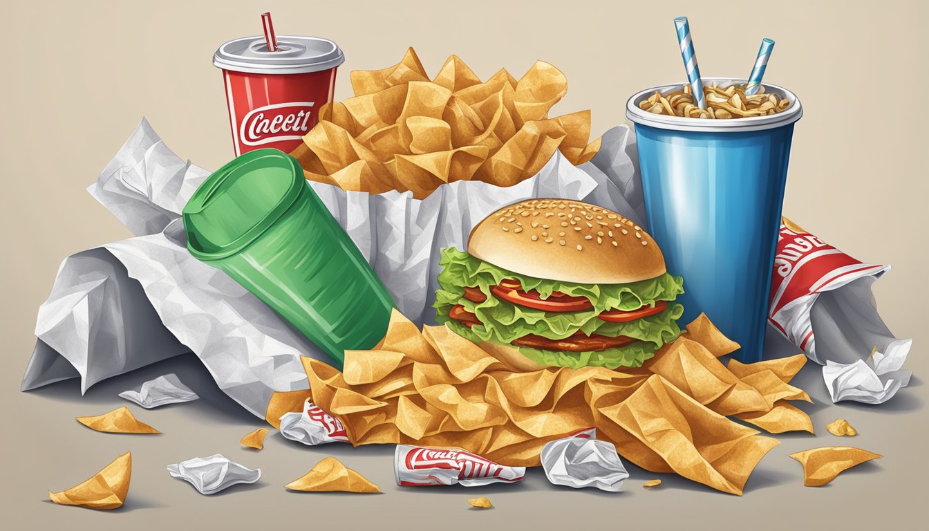 A pile of greasy fast food wrappers overflowing from a trash can next to an empty soda cup and crumpled napkins on a table