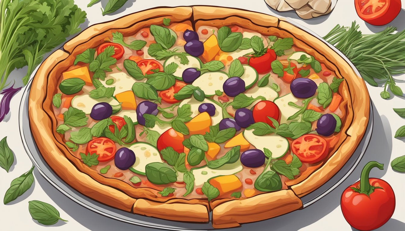 A deep dish veggie pizza sits on a clean plate, surrounded by fresh vegetables and herbs. The pizza appears warm and inviting, with melted cheese and colorful toppings