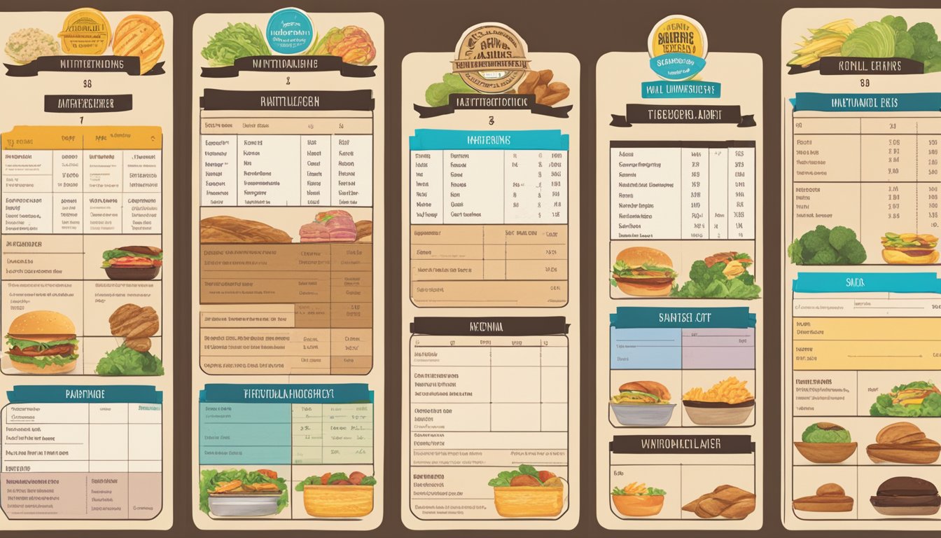 A table with a variety of Bareburger menu items and their corresponding nutritional content labels displayed next to each item