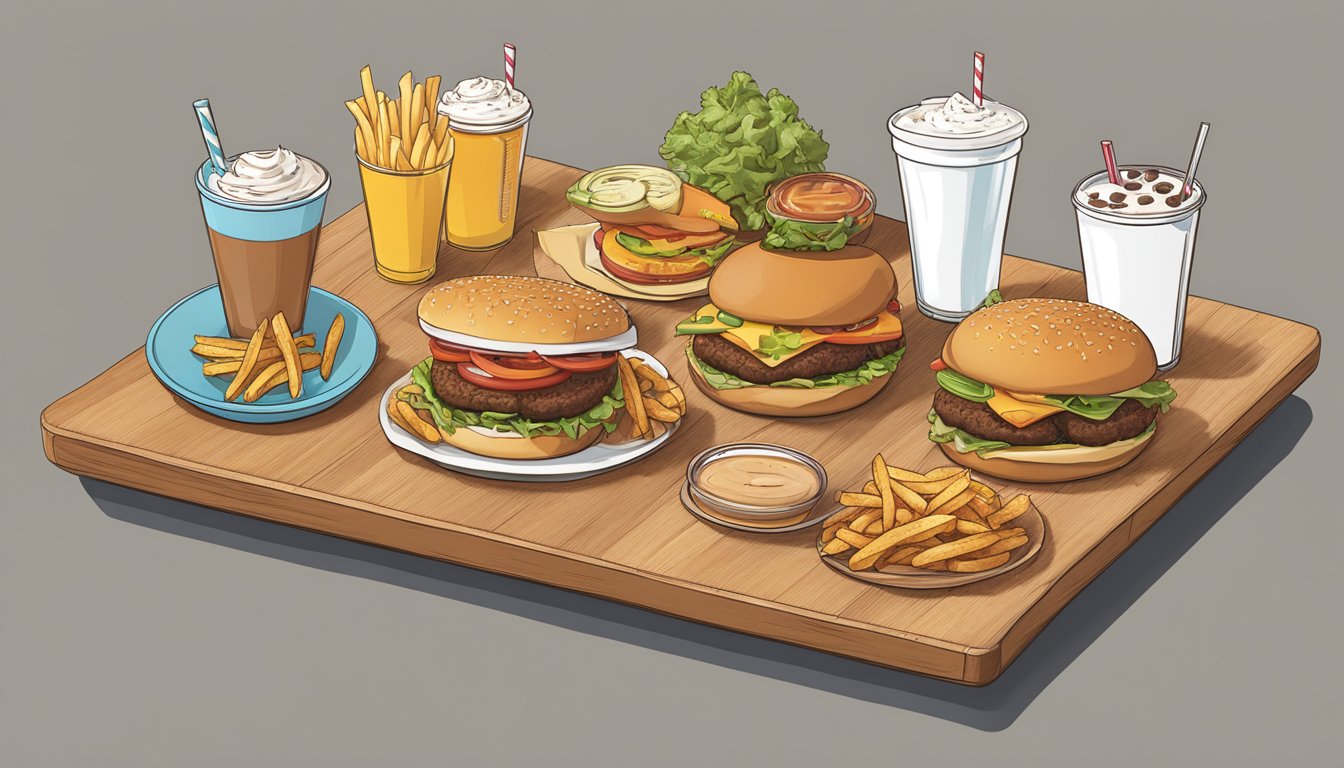 A table with a variety of Bareburger menu items, including burgers, fries, and milkshakes. Nutritional information displayed next to each item