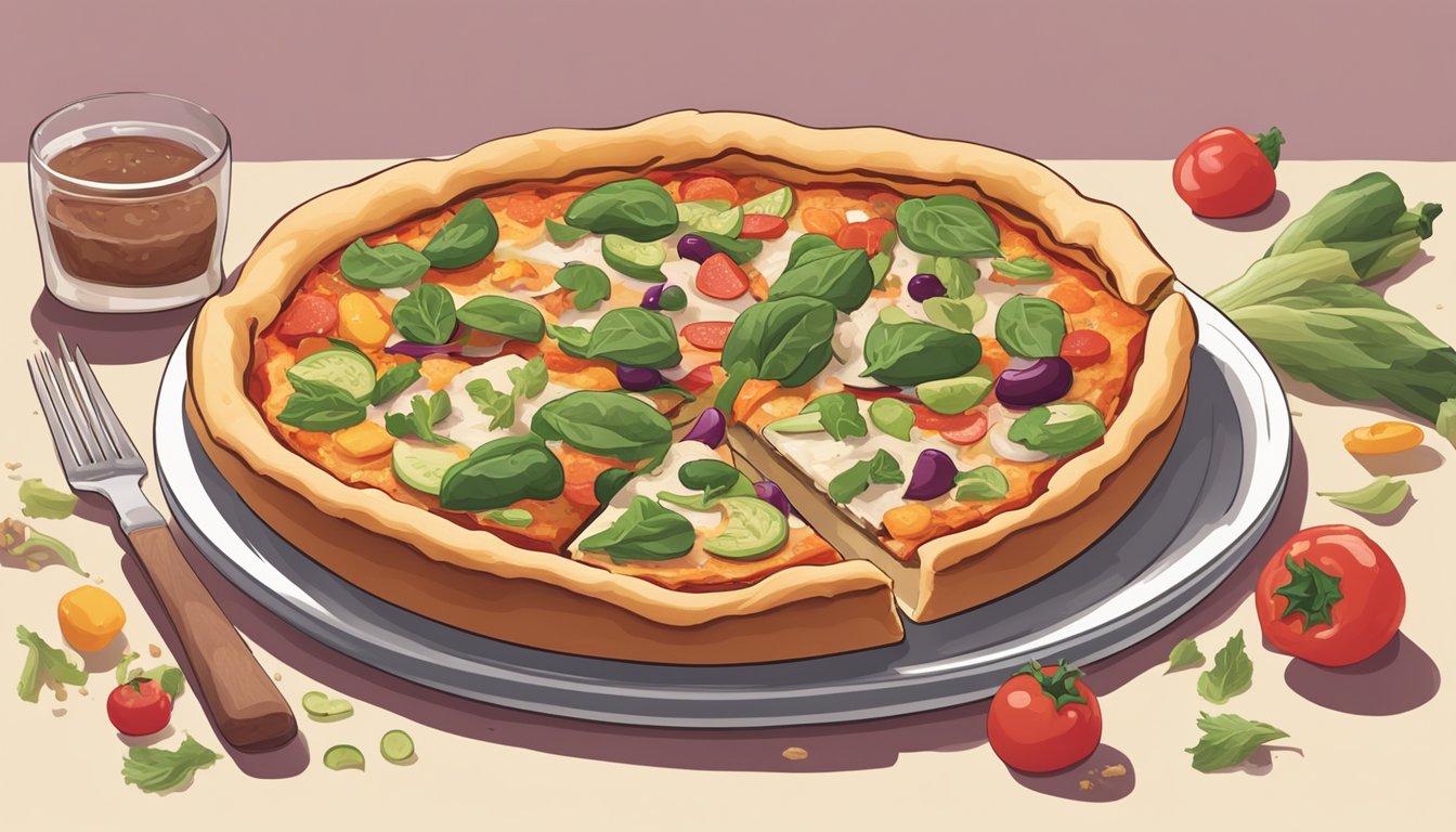 A half-eaten deep dish veggie pizza sits on a plate, surrounded by scattered vegetable toppings and a discarded pizza box