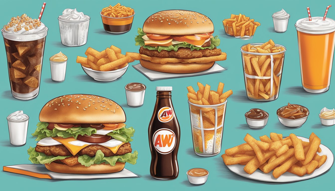 A&W menu items arranged with emphasis on fried and high-calorie options, surrounded by soda cups and sugary condiments