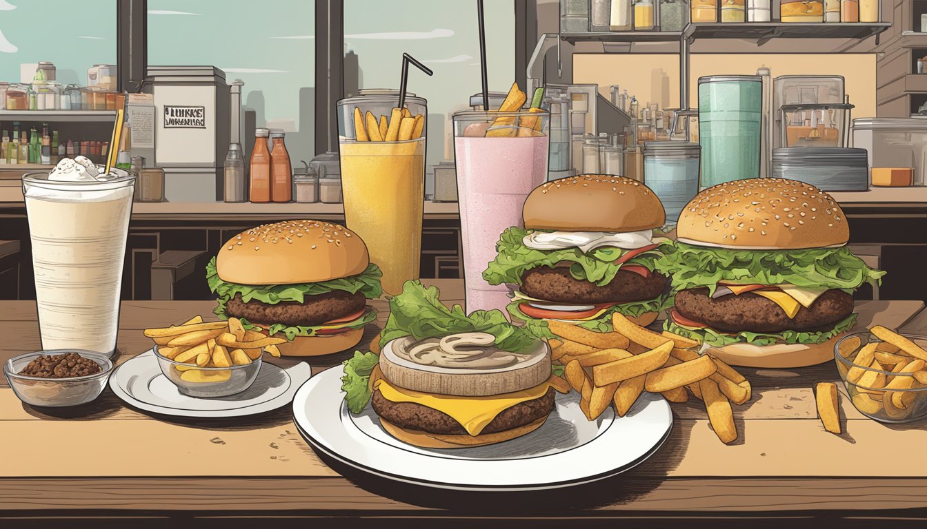 A table with a variety of Bareburger menu items, including burgers, fries, and milkshakes. Nutritional information is displayed next to each item