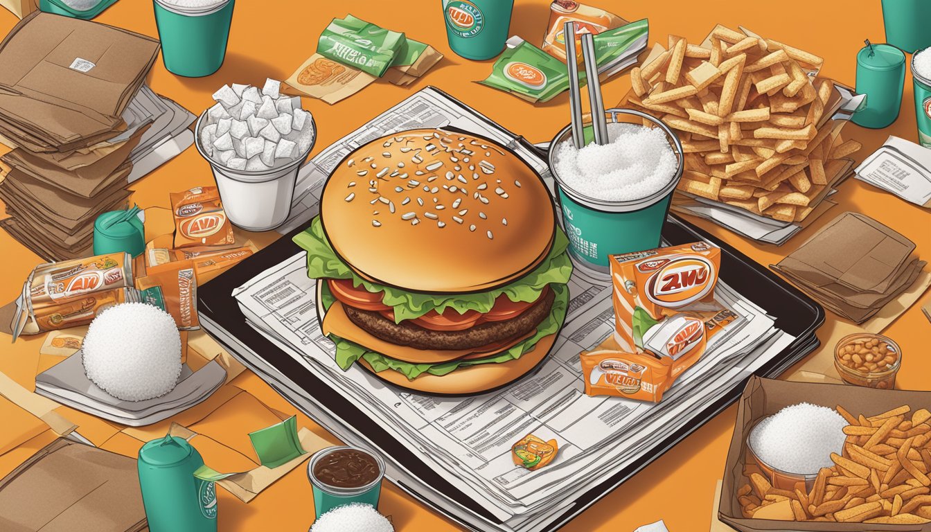 A&W restaurant menu surrounded by junk food packaging and a pile of sugar cubes