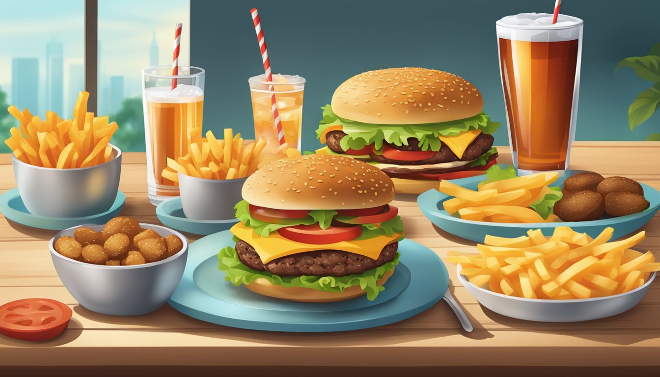 A table with a variety of fast food items, including burgers, fries, and sodas, next to a plate of fresh vegetables and a glass of water