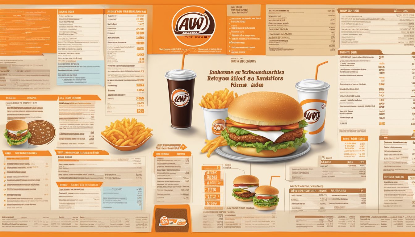 A&W restaurant menu surrounded by nutritional information charts from other fast food chains