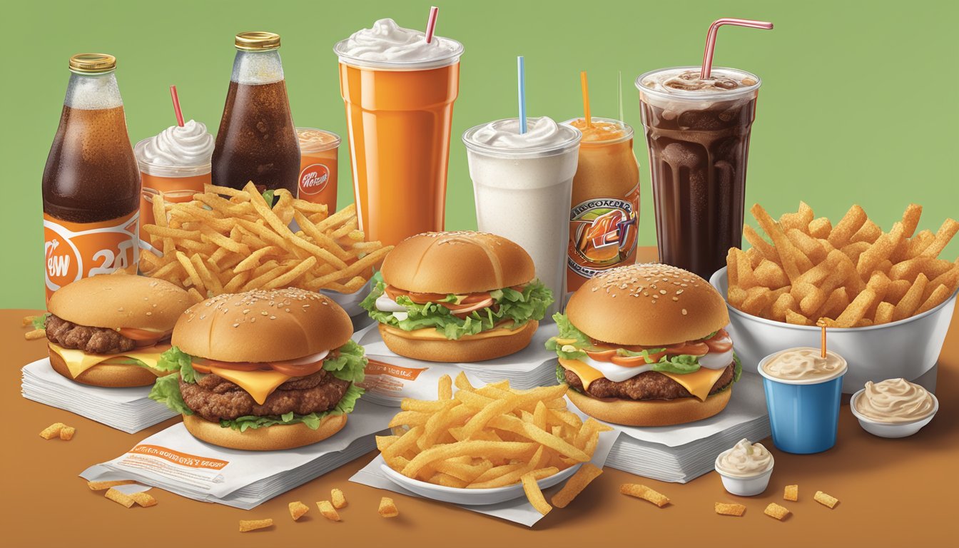 A&W menu items surrounded by greasy, high-calorie foods, sugary drinks, and oversized portions