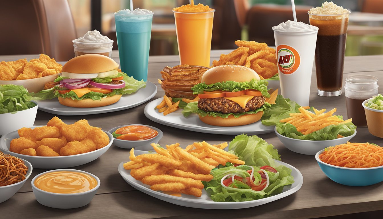 A&W Restaurants: greasy burgers, sugary sodas, and fried sides displayed next to fresh salads and grilled chicken options