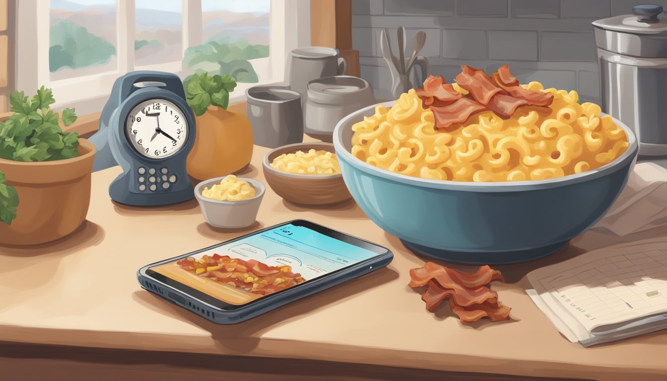 A steaming bowl of bacon mac and cheese sits on a kitchen counter, next to a calendar and a clock, as someone looks up shelf life information on their phone