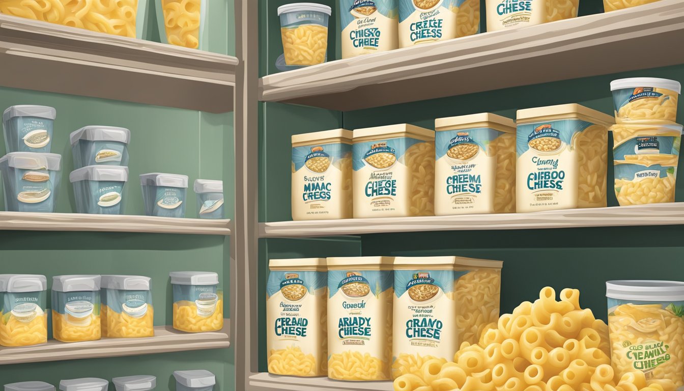 A sealed package of creamy alfredo mac and cheese stored in a cool, dry pantry