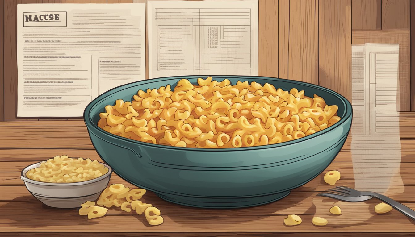 A steaming bowl of bacon mac and cheese sits on a rustic wooden table, surrounded by safety and consumption guidelines