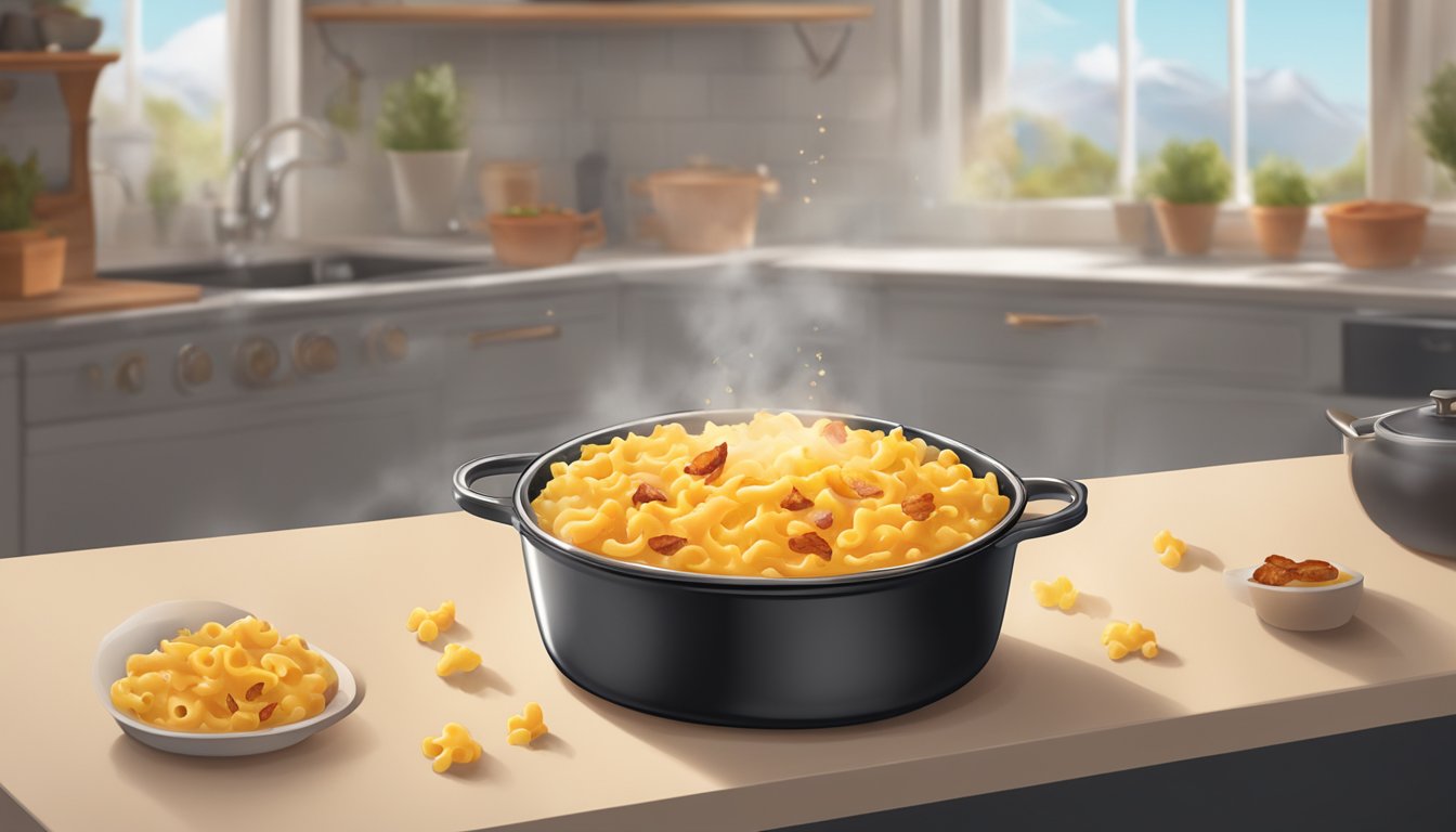 A pot of mac and cheese with crispy bacon pieces on top, steam rising