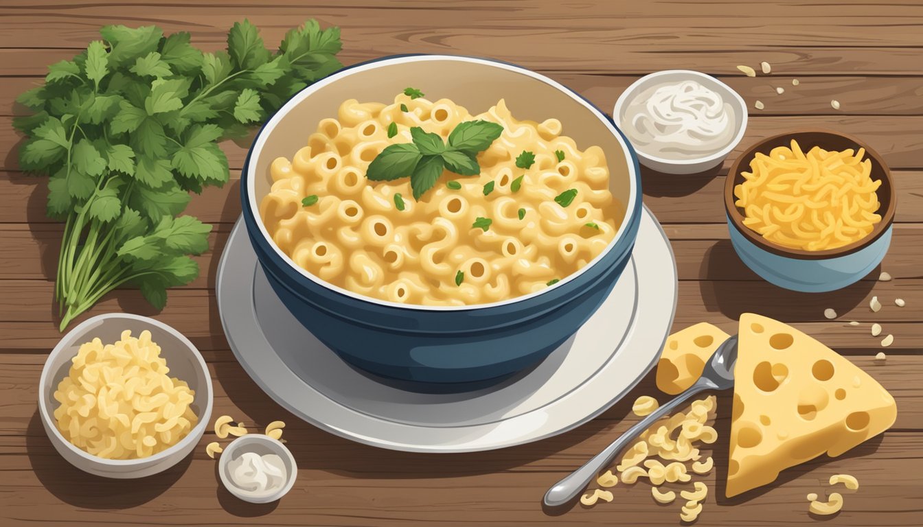 A steaming bowl of creamy alfredo mac and cheese sits on a rustic wooden table, surrounded by scattered ingredients like cheese, pasta, and herbs